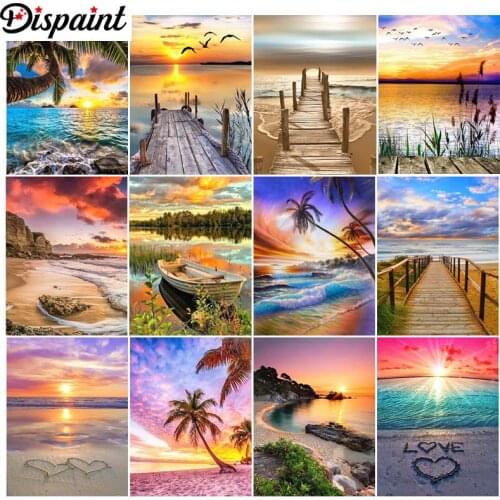 Dispaint Paint With Diamond Embroidery "Beach tree landscape" Diamond Painting Full Square Round Picture Of Rhinestone Decor