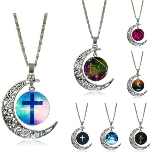 EJ Glaze Glass Cabochon Choker Moon Pendant Necklace Silver Color Jewelry For Unisex Party Gift Gold Color Cross