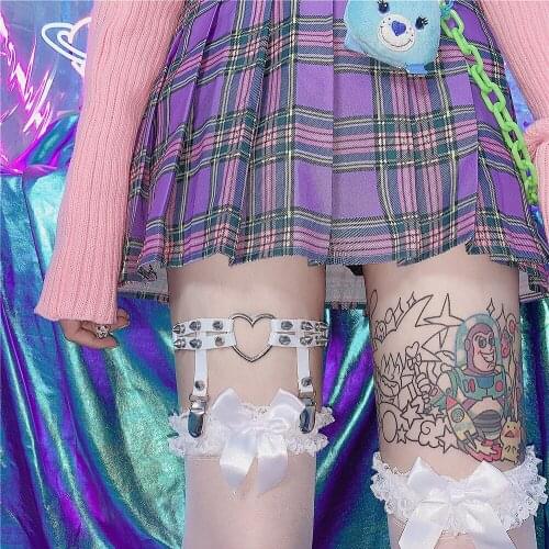 Gothic Bow Lace Leg Garters Knee High Socks Women Rivet Punk Studded Love Heart Belt Ring Garters Harajuku Sexy Stockings Gift