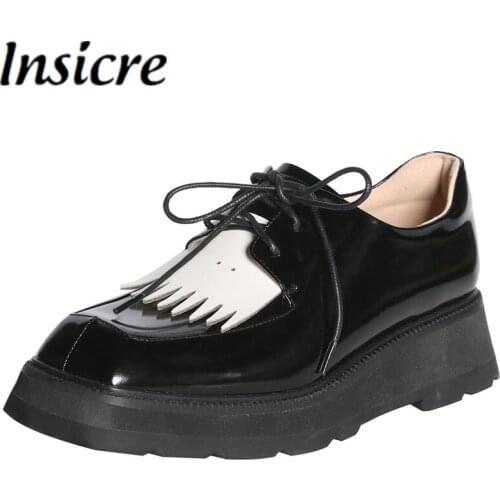 Insicre 2021 Autumn Fashion Women Pumps Patent Leather Lace Up Square Toe Platform Wedges Casual Shoes Low Heels Shallow