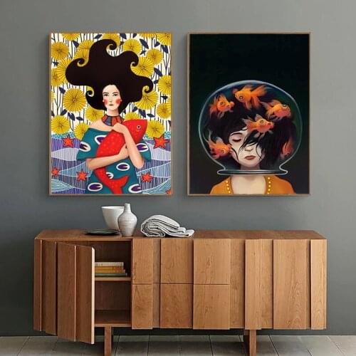Nordic Style Cartoon Girl and Fish Canvas Prints Paintings on Wall Art Pictures for Girls Bedroom Home Decor Scandinavian