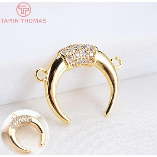 4PCS 17x15MM 24K Gold Color Brass with Zircon Moon 2 Holes Connector Pendants Charms High Quality Diy Jewelry Findings