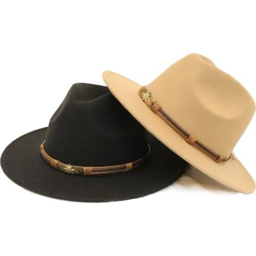 LUCKYLIANJI Retro Skull Leather Band Women Men Vintage 100% Wool Wide Brim Cap Fedora Panama Jazz Bowler Hat (54/57/61cm