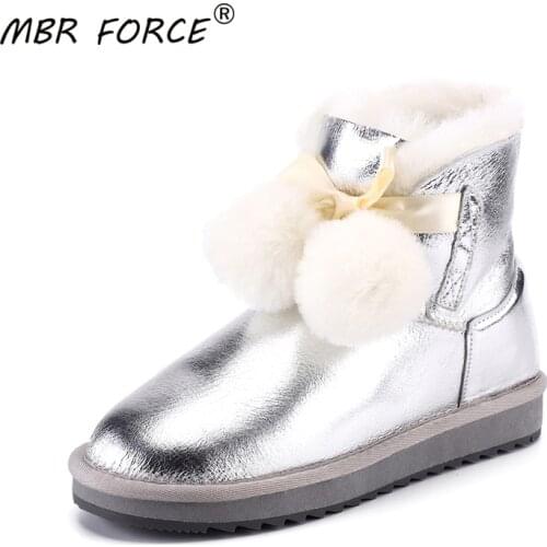 MBR FORCE Fashion Sheepskin Suede Leather Shearling Wool Fur Lined Women Winter Shoes Pom-pom Snow Boots Girls Waterproof Woman