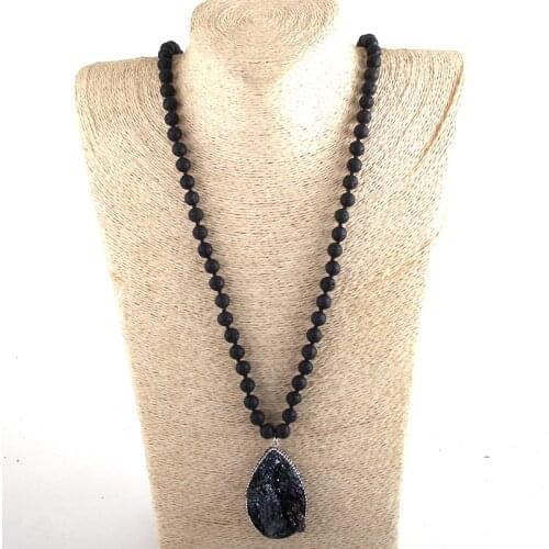 MD Fashion Boho Jewelry lava Beads Knotted Stones Necklaces With Druzy Pendant Necklace Women Gift