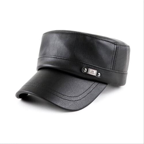Mens autumn and winter leather flat cap simple retro hat warm military caps