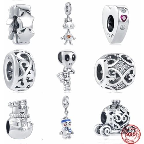 New 925 Silver Pumpkin Car Snow Man Robot Skeleton Spacer-Bead Fit Pandora Original Bracelet Charms Beads For Women DIY Jewelry