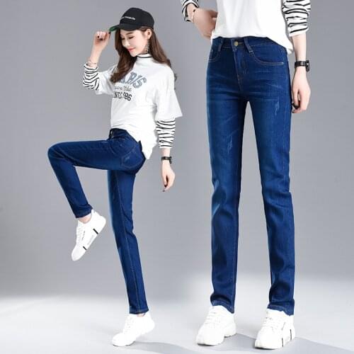 Best Seller Slim Fit Straight Pants Women Casual Skinny Stretch Jeans Fashion High Waist Trousers Female Plus Size 34