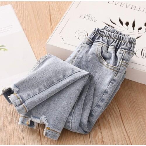 2020 Autumn Korean Style New Baby Girl Jeans Childrens Fashion Denim Pants Kids Cowboy Trousers Girls Broken Hole Pants Jeans