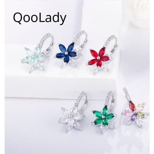 Qoolady Korean Style Colorful Cubic Zirconia Crystal 3D Geometric Sweet Flower Jewelry Stud Earrings for Party Women Gift E005