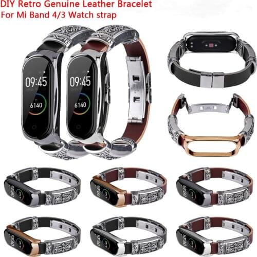 For Mi Band 4 strap DIY Retro Genuine Leather Bracelet belt for Xiaomi Mi Band 3 Vintage engraving metal wrist strap Bracelets