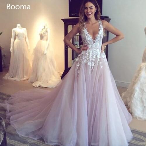Sexy V Neck Pink Wedding Dresses Backless Lace A Line Long Bride Dresses Sleeveless Appliques Tulle Bridal Gowns