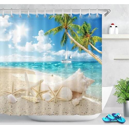High Quality Sea Beach Printed Fabric Shower Curtains Ocean Scenery Bath Screen Waterproof Products Bathroom Decor with Hooks