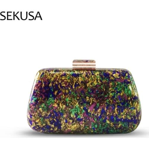 Women Evening Bag Geometric Stitching Color Acrylic Box Party Package High Capacity High Quality Durable Crossbody Bags