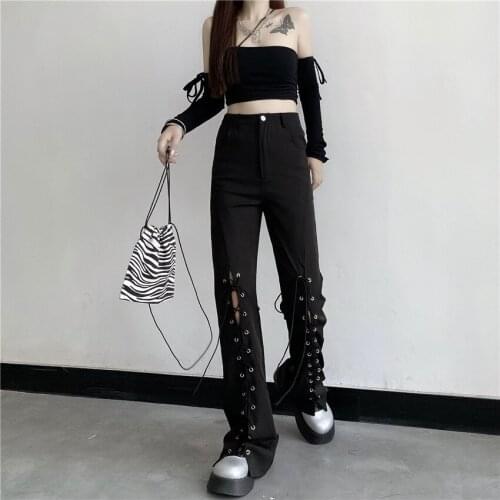 Women Button Fly Eyelet Lace-up Ribbon Gothic Cargo Pant Black Punk Lady Safari Style Long Pants Autumn Dark Goth Street Trouser