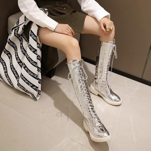 New Womens Long Boots Women Autumn Round Toe Flat Bottes Woman Knee High Low Heel Casual PU Leather Autunm Winter Female Shoes