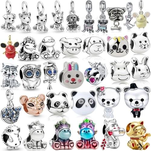 Fit Pandora Charms Bracelet Cartoon Cute Bear Rabbit Cow Panda Dog Cat Unicorn Animals Beads DIY Jewelry for Women Bangle Dangle