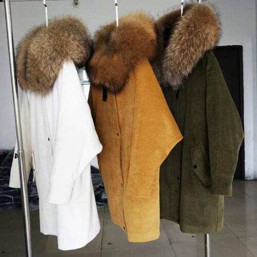 2020 Fashion Long Winter Corduroy Jacket Women Large Raccoon Fur Hooded Coat Parkas Outwear Detachable Real Lamb Fur Lining