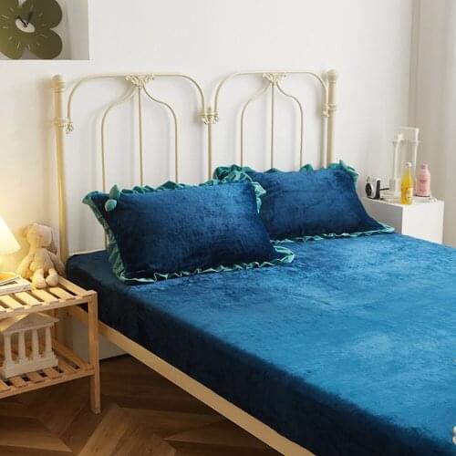 2021 Elastic Band Fitted Sheet Crystal Velvet Bed Linen Mattress Cover Solid Color 1pcs Winter Warm Soft Queen 180x200cm
