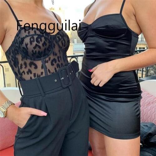 2021 Womens One-Piece Sleeveless V Neck Strap Leopard Mesh See-Through Sexy Lace Bodysuit