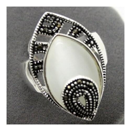24*13mm NATURAL WHITE OPALS DROP & MARCASITE RING SIZE 6/7/8/9
