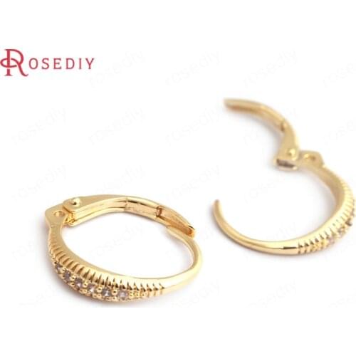 35217)4PCS 16.5x16MM 24K Gold Color White Zircon Brass Round Shape Earrings Hooks Earrings Loop Jewelry Findings Accessories