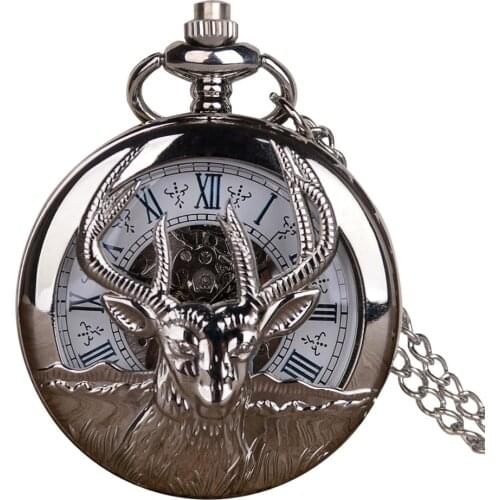5Pcs/lot Sheep Steel Hollow Mechanical Pocket Watches Silver Skeleton Hand-winding Retro Male Clock with Pendant Fob Chain