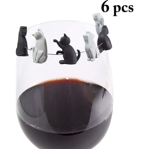 6PCS Cute Cat Shape Wine Cup Mark Wine Glass Charm Cute Cat Design Silicone Wine Glass Marker Party Bar Accessories Random Color