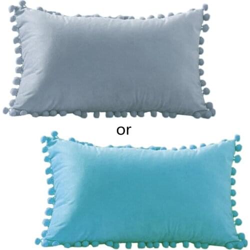 Nordic Style Velvet Lumbar Waist Throw Pillow Cover with Pom Pom Simple Solid Color Decorative Rectangle Cushion Case