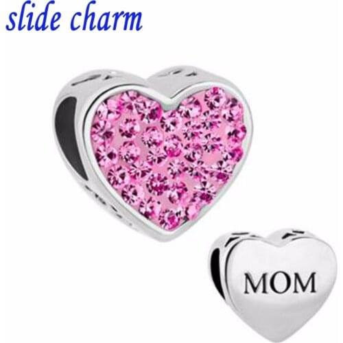 Slide charm Free shipping Mothers Day pink rhinestone hollow loving mom charm beads fit Pandora bracelet