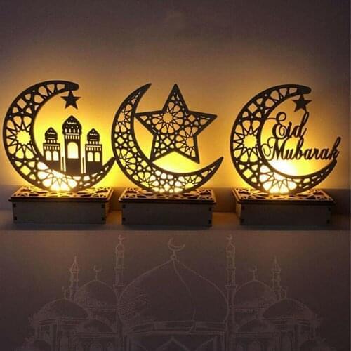 DIY Mubarak Moon Star LED Wooden Moon Lamp Led String Light Festival Palace Decorative Lighting for Muslim Islam Eid Mubarak