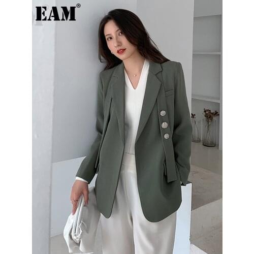 [EAM] Women Green Waistband Button Split Blazer New Lapel Long Sleeve Loose Fit Jacket Fashion Tide Spring Autumn 2021 1W484