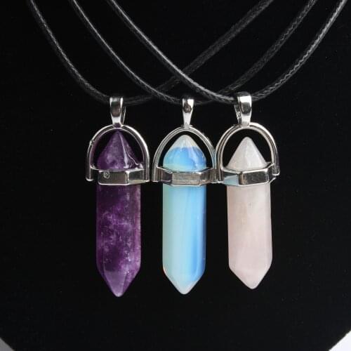 Hexagonal column necklace natural crystal pendant Stone Pendant Leather Necklace mens and womens fashion jewelry Amulet
