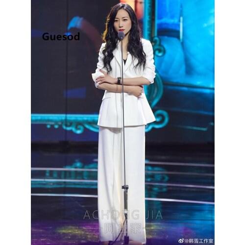 Women Pants Set Star Brand Elegant White Balzer Suit Slim Wide Leg Pants Set Two Piece Guesod