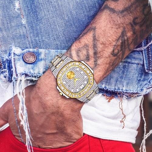 MISSFOX Hip Hop Full Diamond Mens Watches Baguette Diamond Top Brand Luxury Gold Quartz Watch Stainless Steel Clock Reloj hombre