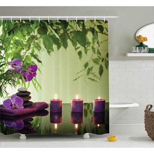 Spa Decor Shower Curtain Set Zen Stones Aromatic Candles and Orchids Blooms Treatment Vacation Bathroom Accessories