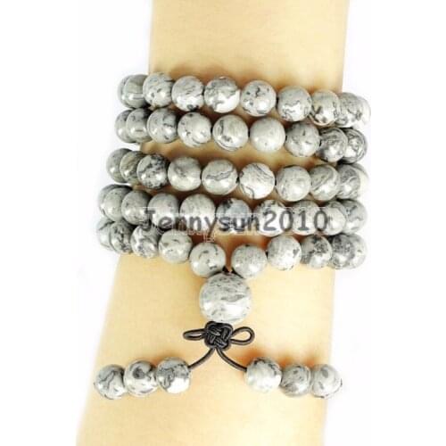 Natural Landscape 8mm Gem Stone Buddhist 108 Beads Prayer Mala Multi-Purpose Stretchy Bracelet Necklace 2Strands/Pack