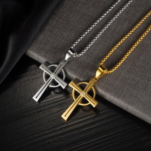 Stainless Steel Christ Zircon Stone Cross Pendant Necklace Religious Gold Jesus Cross Necklaces Jewelry Gift For Him with Chain