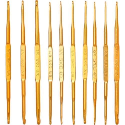 Nonvor 10Pcs Weave Craft Golden Alumina Double End Crochet Hook Knitting Needle Set Sweater Knitting Metal Handle Needles