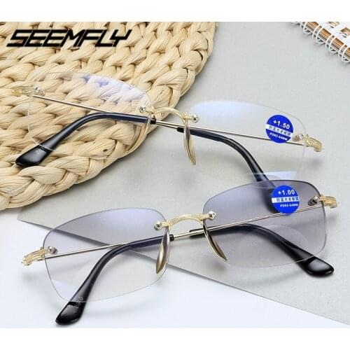 Seemfly Diamond Cutting Reading Glasses Rimless Anti Blue Ray Men Women Bifocal Magnifying Eyewear Presbyopia Eyeglasses Mirror