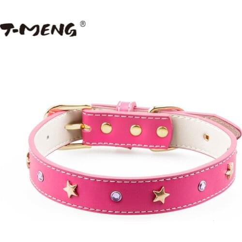 T-MENG Pet Dog Collar Bling Rhinestone Diamond Stars Cat Collars Genuine Leather Pet Neck Strap for Dogs Fashion Pet Products 13