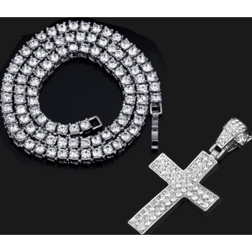 Men Hip Hop Cross Pendant Necklace With 4mm Zircon Tennis Chain Iced Out Bling HipHop Sliver Necklaces For Men Women Jewelry