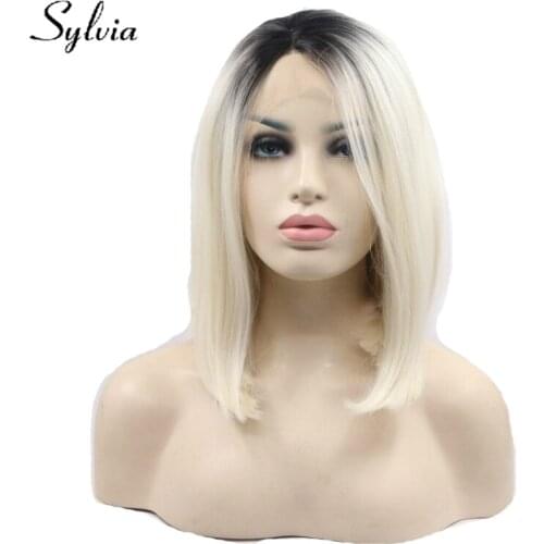 Sylvia Light Blonde Ombre Short Straight Synthetic Lace Front Wigs Dark Roots Natural Bob Hairstyle Heat Resistant Fiber