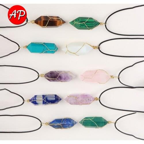 Natural crystal column double pointed Pendant Hand woven gold mesh Necklace Energy gem accessories pendant