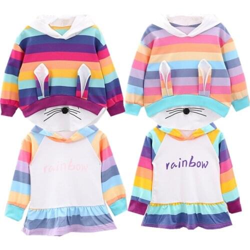 Casual Spring Autumn Baby girls Hooded Sweater Rainbow Stripes Hooded Coat Long Sleeve T Shirt Top Cotton Childrens Clothing