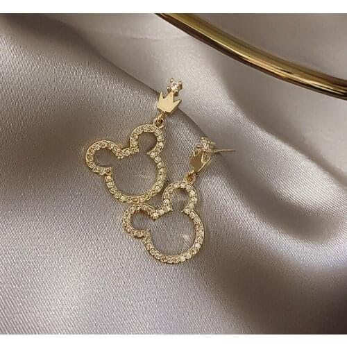 MICKYE MOUSE Ear Stud women Silvery Needle Hollow Full crystal Bear Earrings Crown Ear Pendant Cute wholesale Accessories