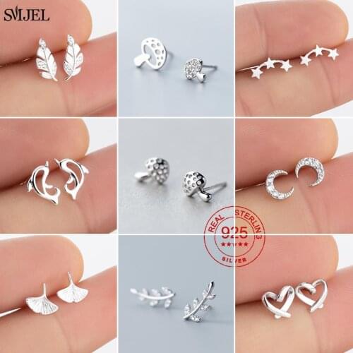 Genuine Sterling Silver Earring For Women Kids Baby Jewelry S925 Bohi Plant Leaves Star Heart Moon Earrings Small Studs Gifts