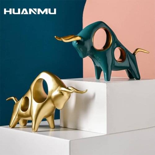 Resin Cattle Sculpture Living Room Desk Statue Ornament Zodiac Modern Decor Hollow Bull Ox Animal New Year Party Pins Gifts