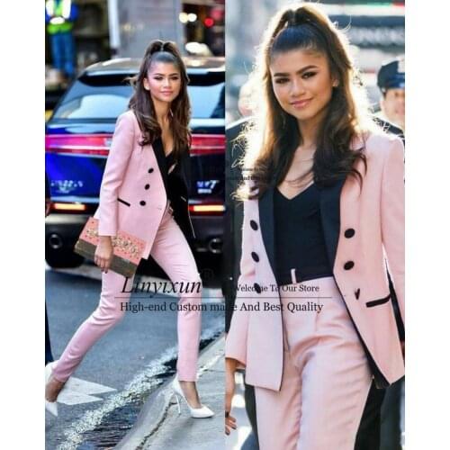 Light Pink 2020 Mother Of The Bride Pant Suits Women Business Suits Black Peaked Lapel Tuxedo Blazer For Wedding(Jacket+Pants)