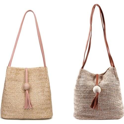 Bali Vintage Handmade Crossbody Leather Bag Round Straw Beach Bag Girls Circle Rattan bag Small Bohemian Shoulder bag
